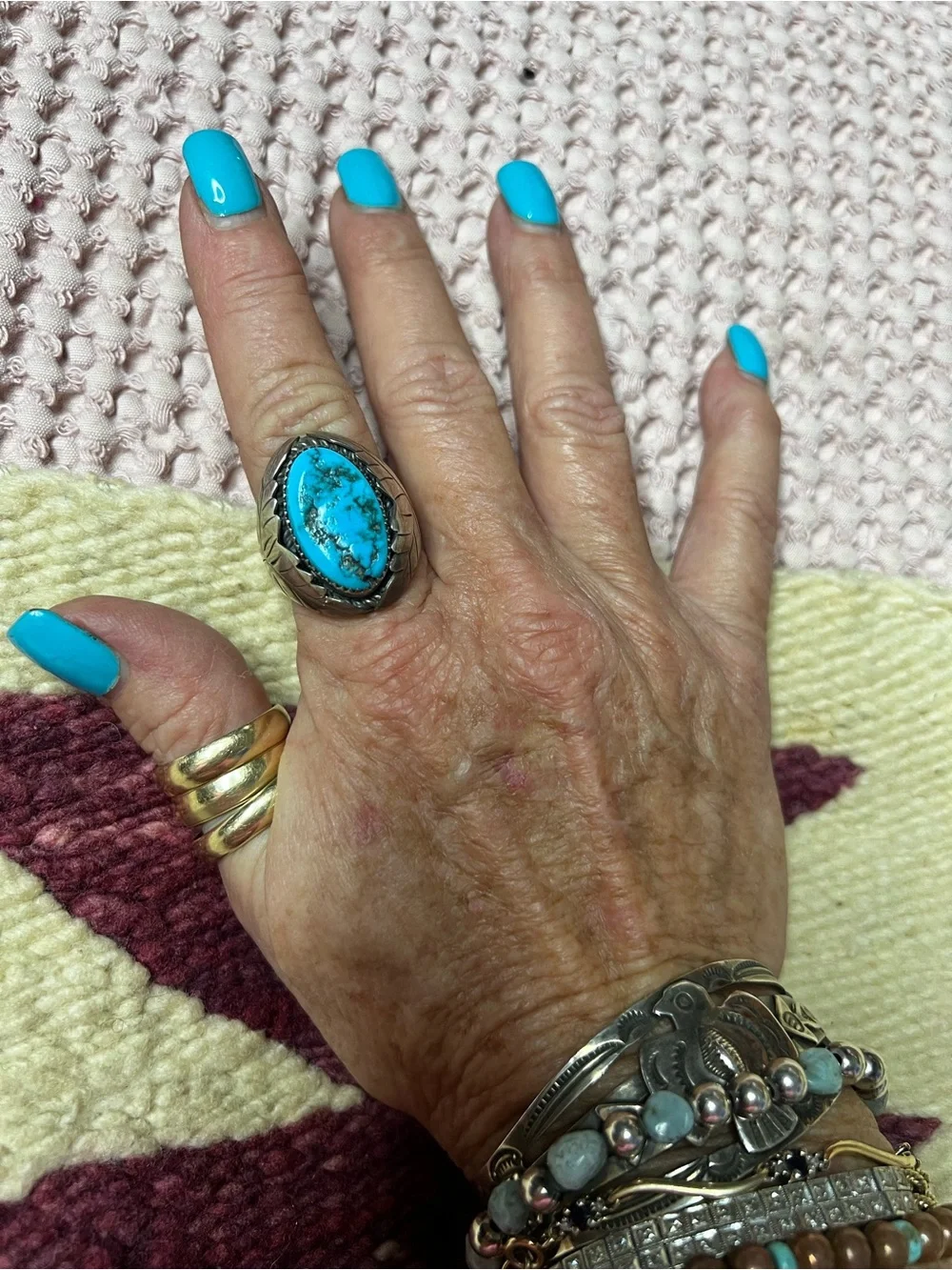 VTG Navajo Sterling Silver Turquoise Leaf Ring 10.5 Signed CY 25g